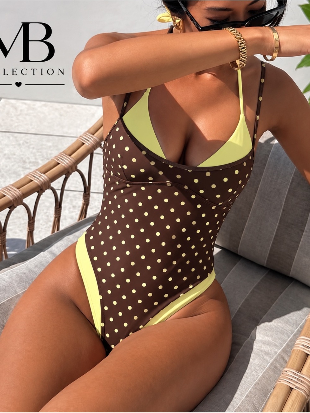 Women's Brown & Lime Polka Dot One-Piece Swimsuit